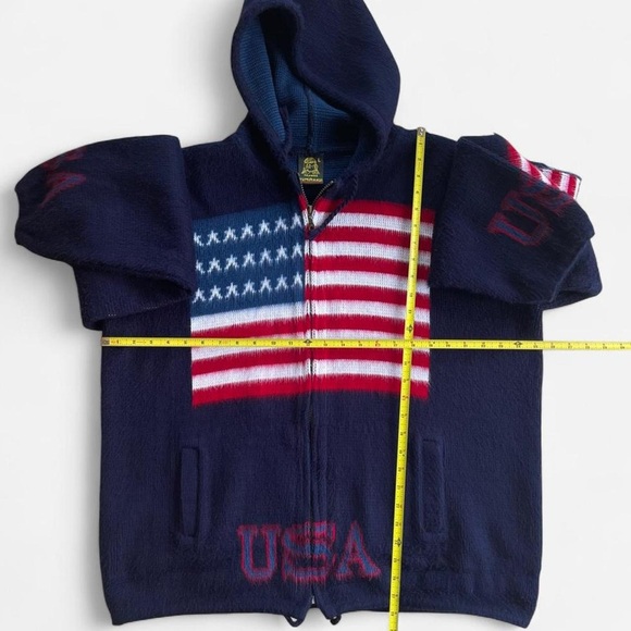 Tejidos Ruminahui Ecuadorian Navy Blue Wool USA American Flag Hoodie Jacket - Picture 3 of 6